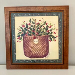 Holly Berry Framed Vintage 90s Folk Art Painting